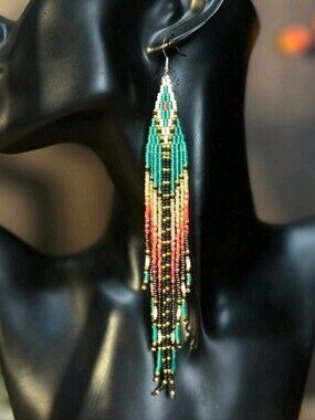 Handmade Teal & Coral Beaded Earrings